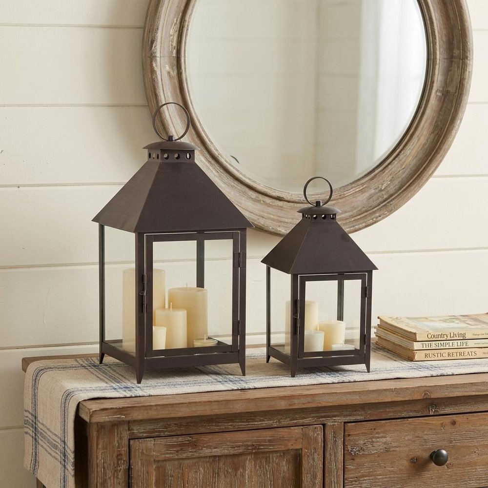 Set of Two Black Geometric Iron And Glass Floor Lantern Candle Holders