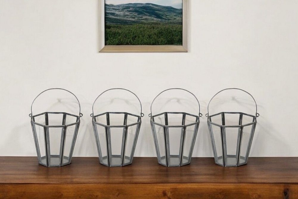 Set of Four Gray Distressed Geometric Iron And Glass Tabletop Votive Candle Holders