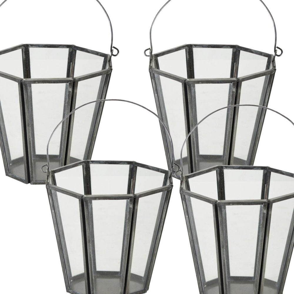 Set of Four Gray Distressed Geometric Iron And Glass Tabletop Votive Candle Holders