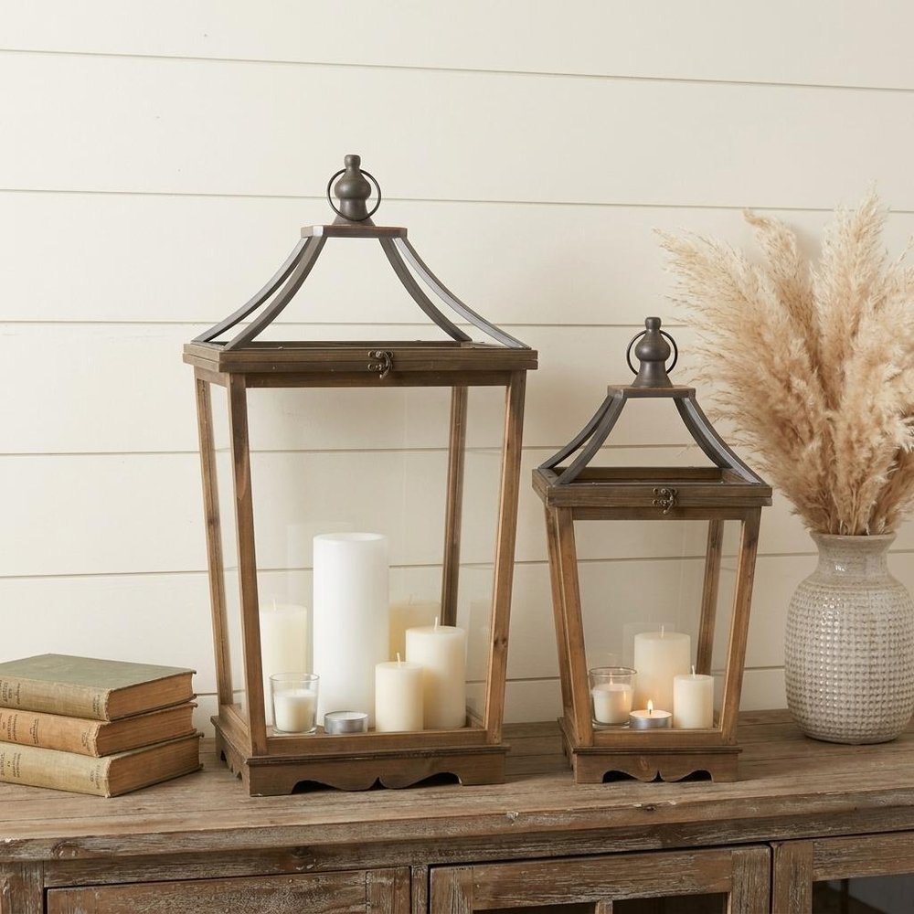 Set of Two Brown Distressed Geometric Wood And Metal Floor Lantern Candle Holders