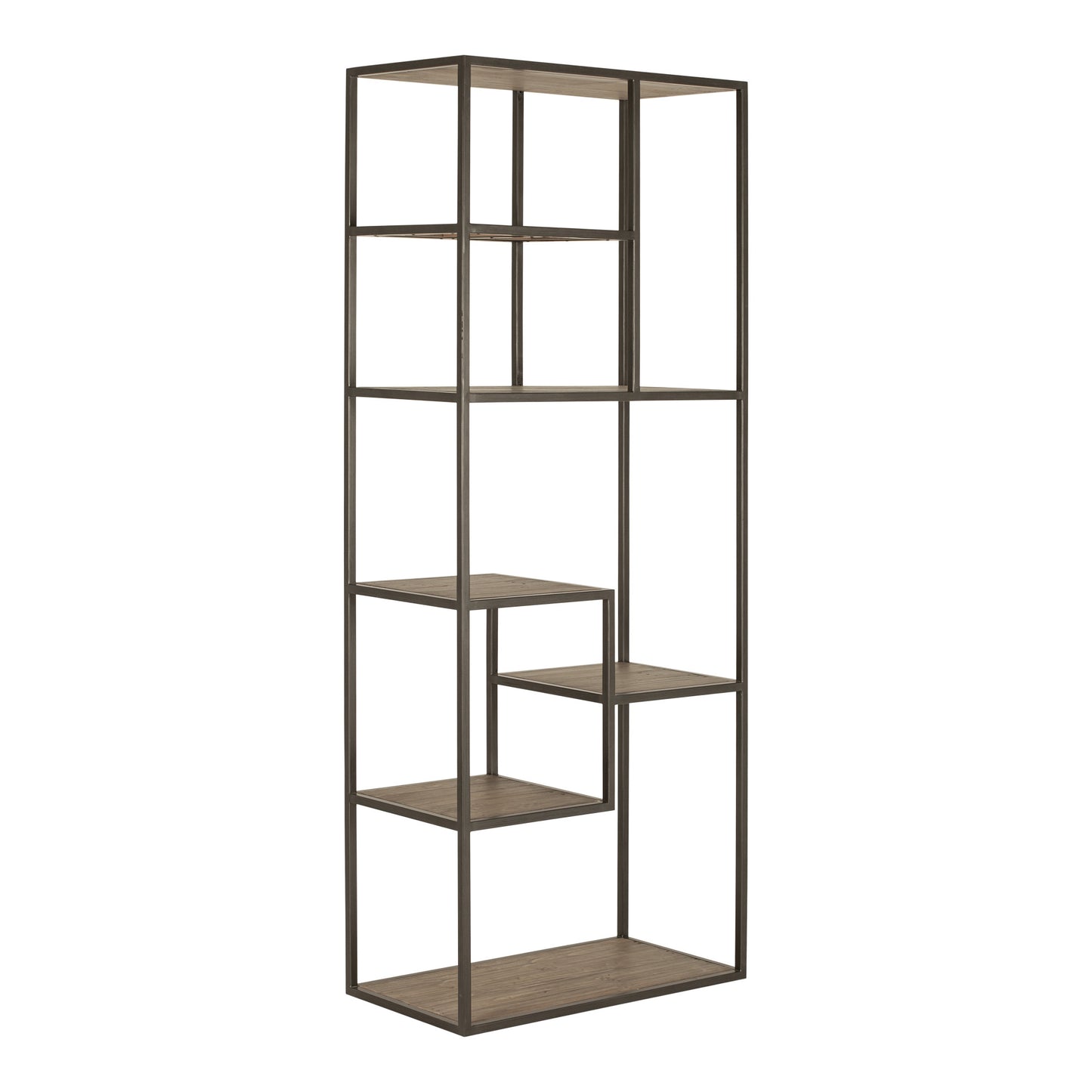 79" Brown And Natural Metal and Wood Seven Tier Bookcase