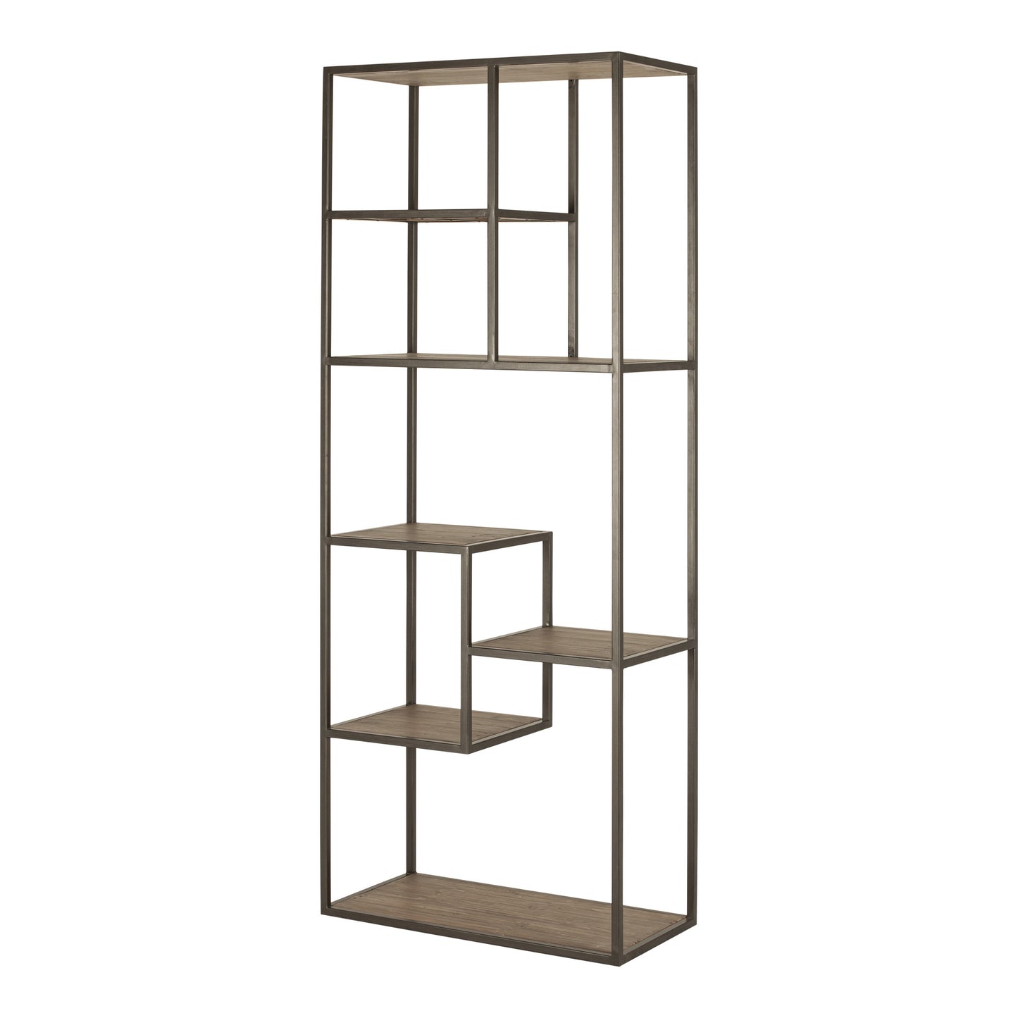 79" Brown And Natural Metal and Wood Seven Tier Bookcase