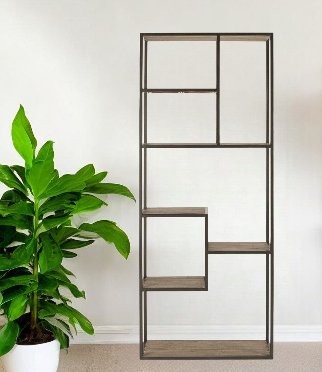 79" Brown And Natural Metal and Wood Seven Tier Bookcase