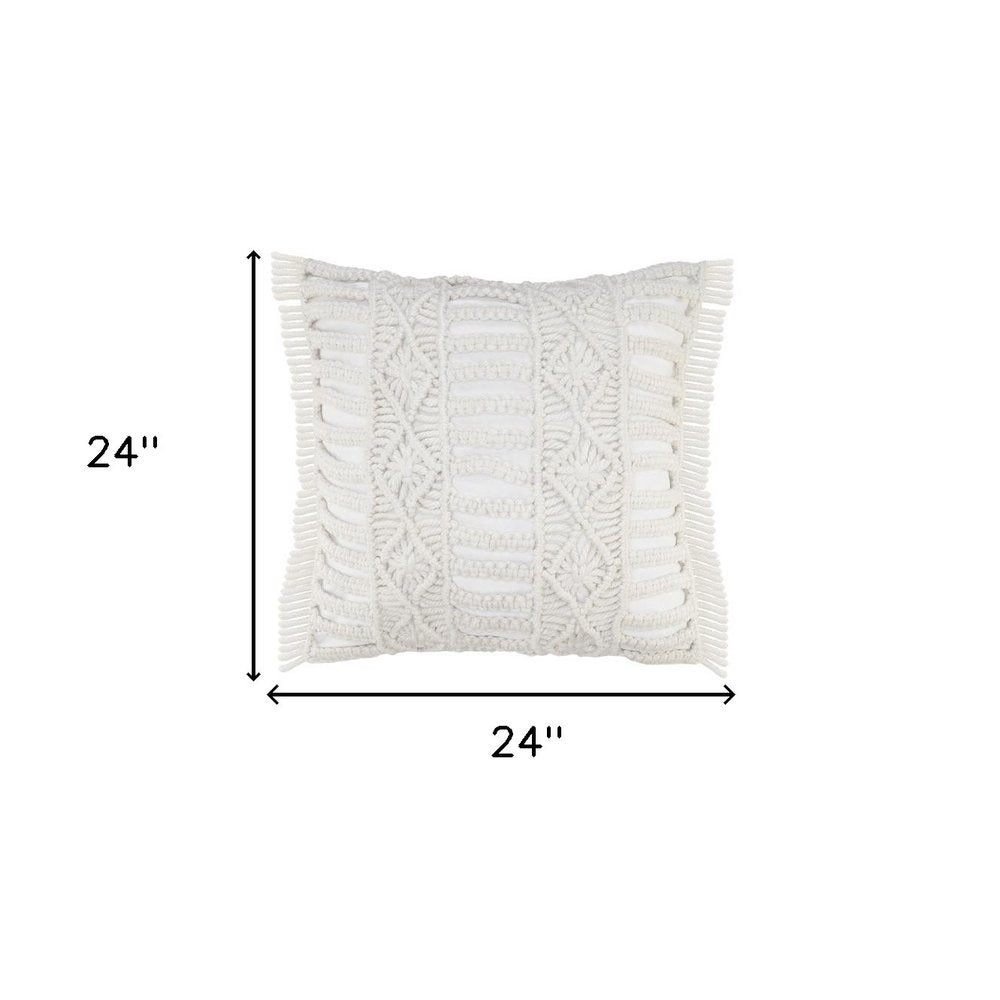 14" X 36" White Textured Indoor Outdoor Throw Pillow With Fringe