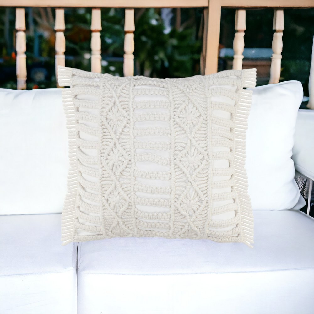 14" X 36" White Textured Indoor Outdoor Throw Pillow With Fringe