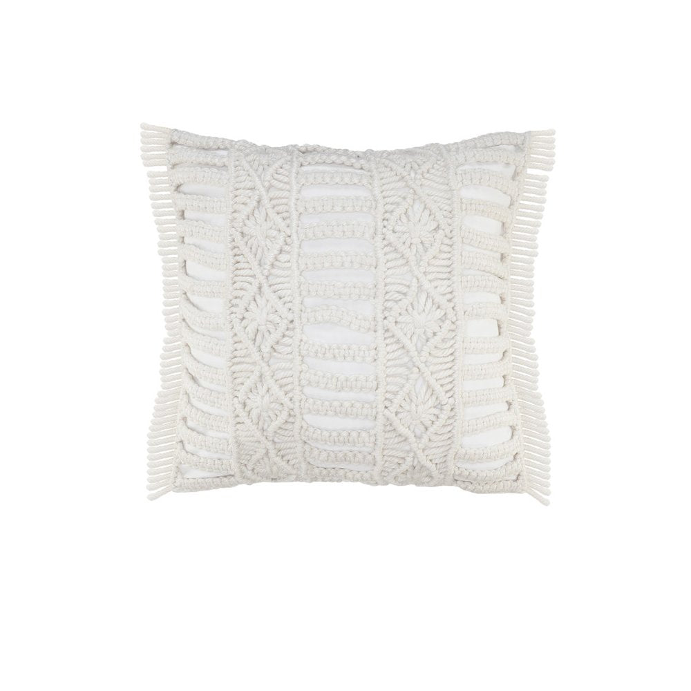 14" X 36" White Textured Indoor Outdoor Throw Pillow With Fringe