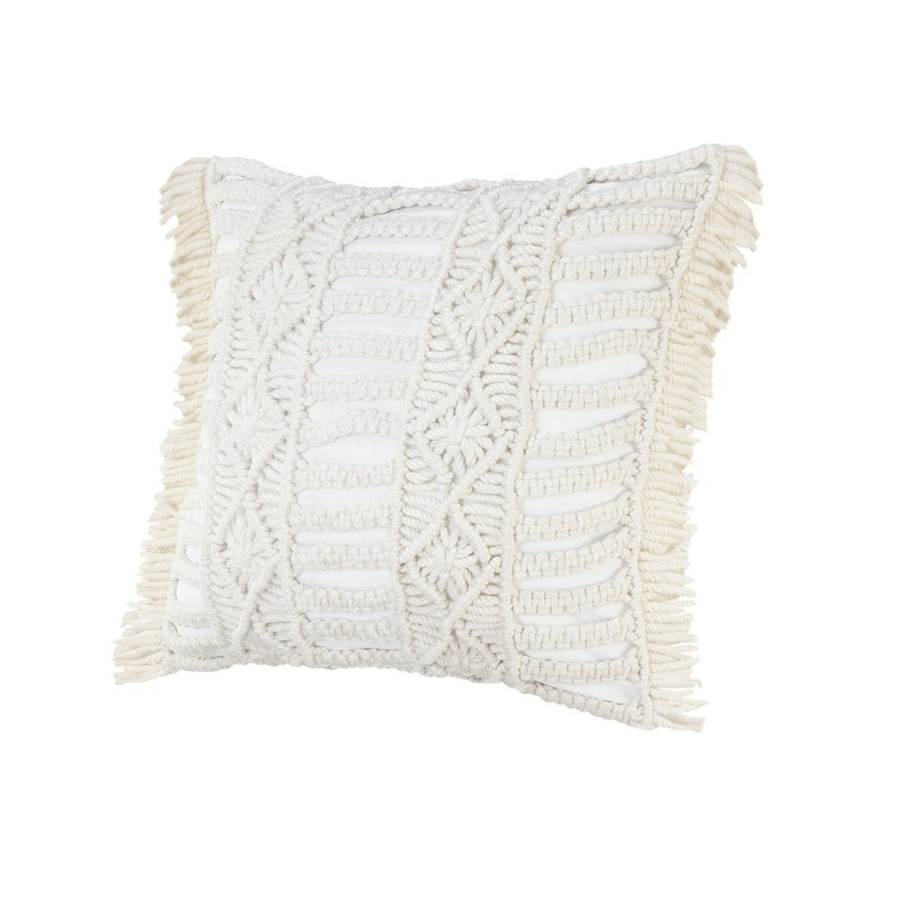 14" X 36" White Textured Indoor Outdoor Throw Pillow With Fringe