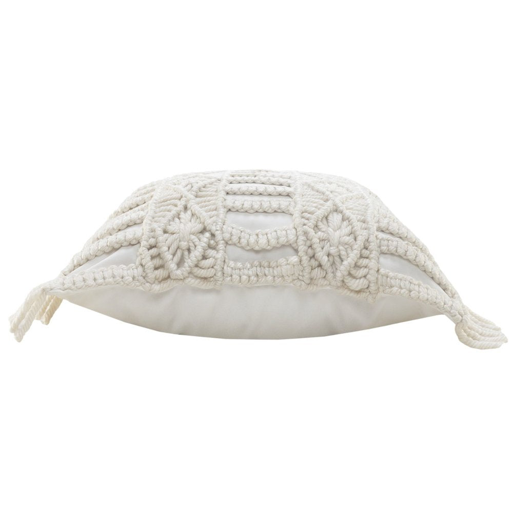 14" X 36" White Textured Indoor Outdoor Throw Pillow With Fringe