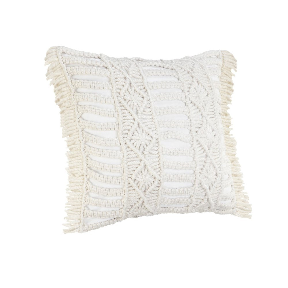 14" X 36" White Textured Indoor Outdoor Throw Pillow With Fringe