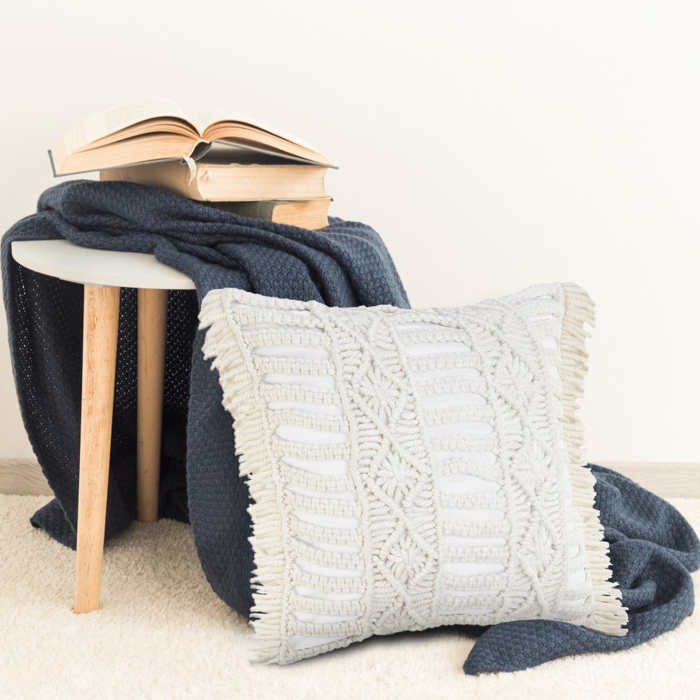 14" X 36" White Textured Indoor Outdoor Throw Pillow With Fringe