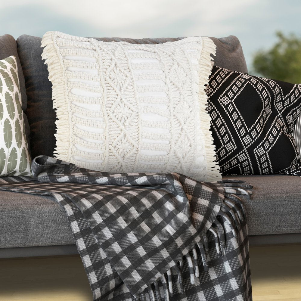 14" X 36" White Textured Indoor Outdoor Throw Pillow With Fringe