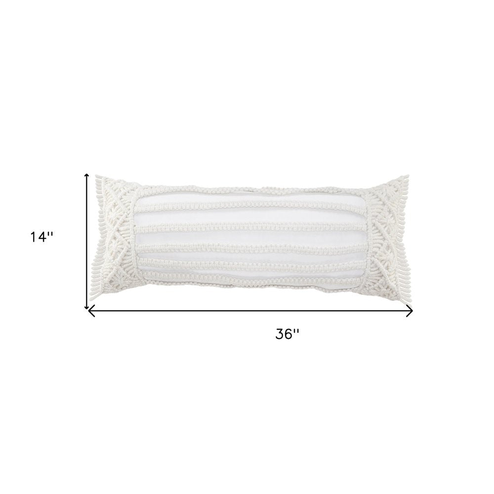 14" X 36" White Textured Indoor Outdoor Throw Pillow With Fringe