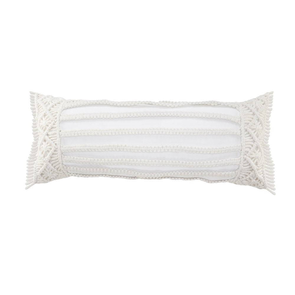 14" X 36" White Textured Indoor Outdoor Throw Pillow With Fringe