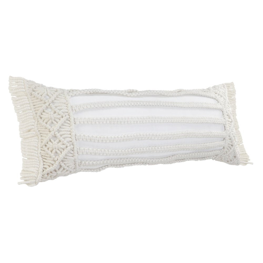 14" X 36" White Textured Indoor Outdoor Throw Pillow With Fringe