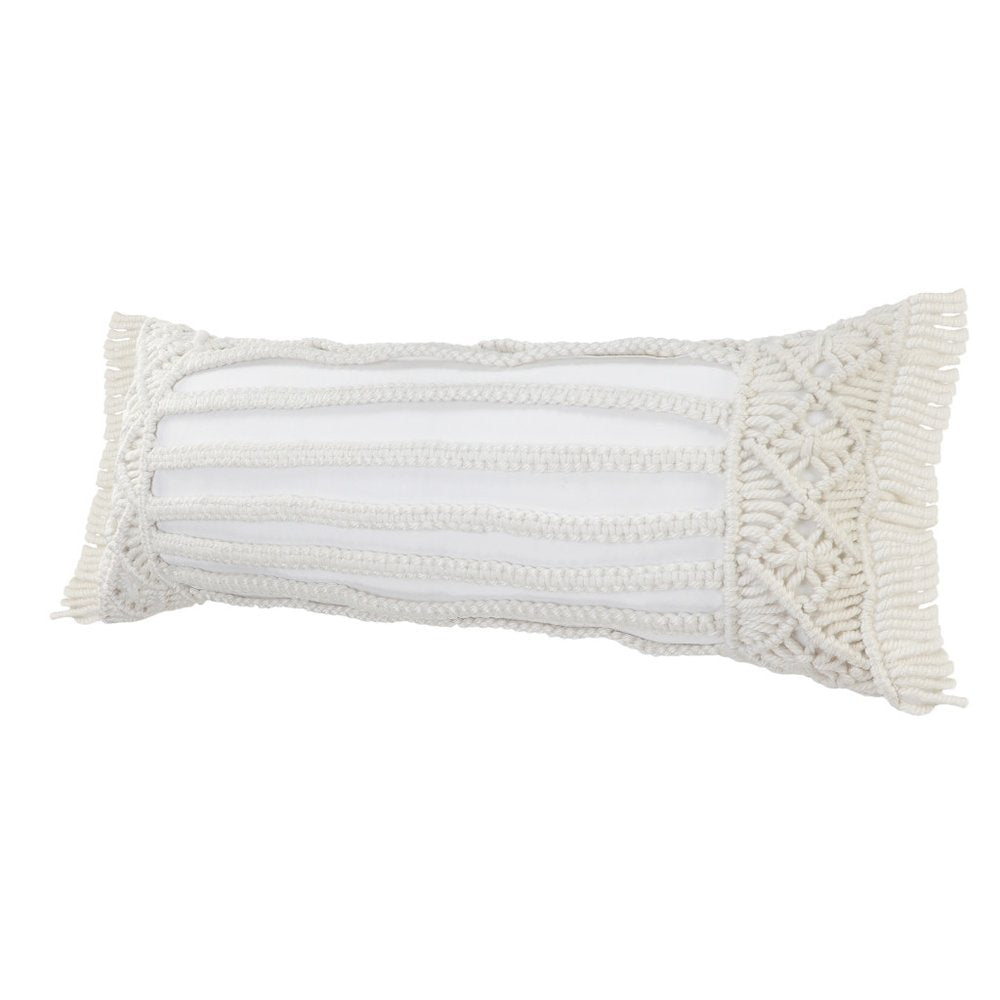 14" X 36" White Textured Indoor Outdoor Throw Pillow With Fringe