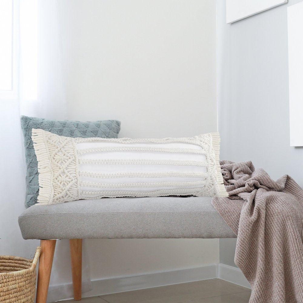 14" X 36" White Textured Indoor Outdoor Throw Pillow With Fringe
