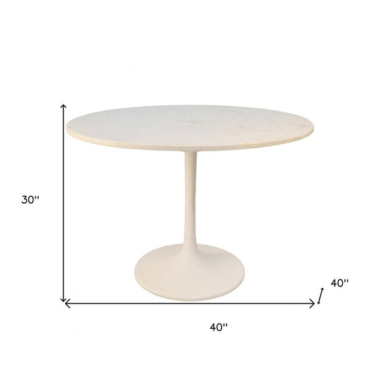 40" White Rounded Marble And Iron Pedestal Base Dining Table
