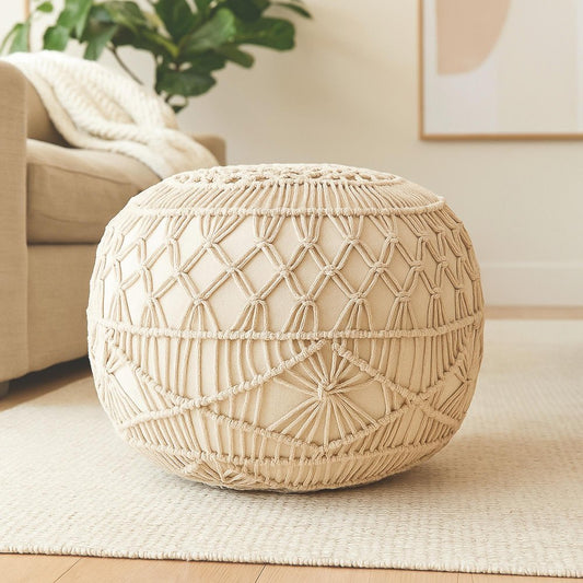20" Cream Cotton Tufted Round Geometric Pouf Ottoman