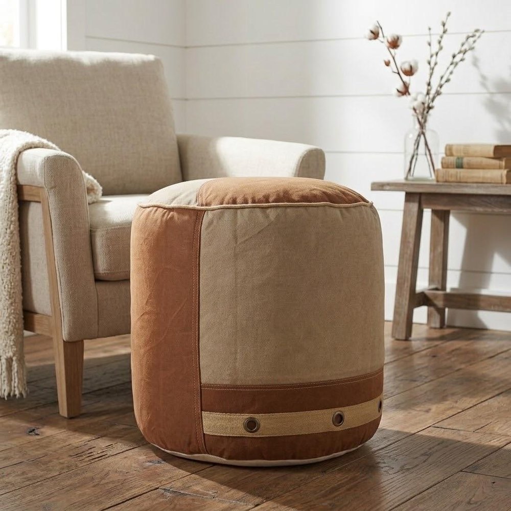 16" Tan Cotton Striped Cylinder Pouf Ottoman