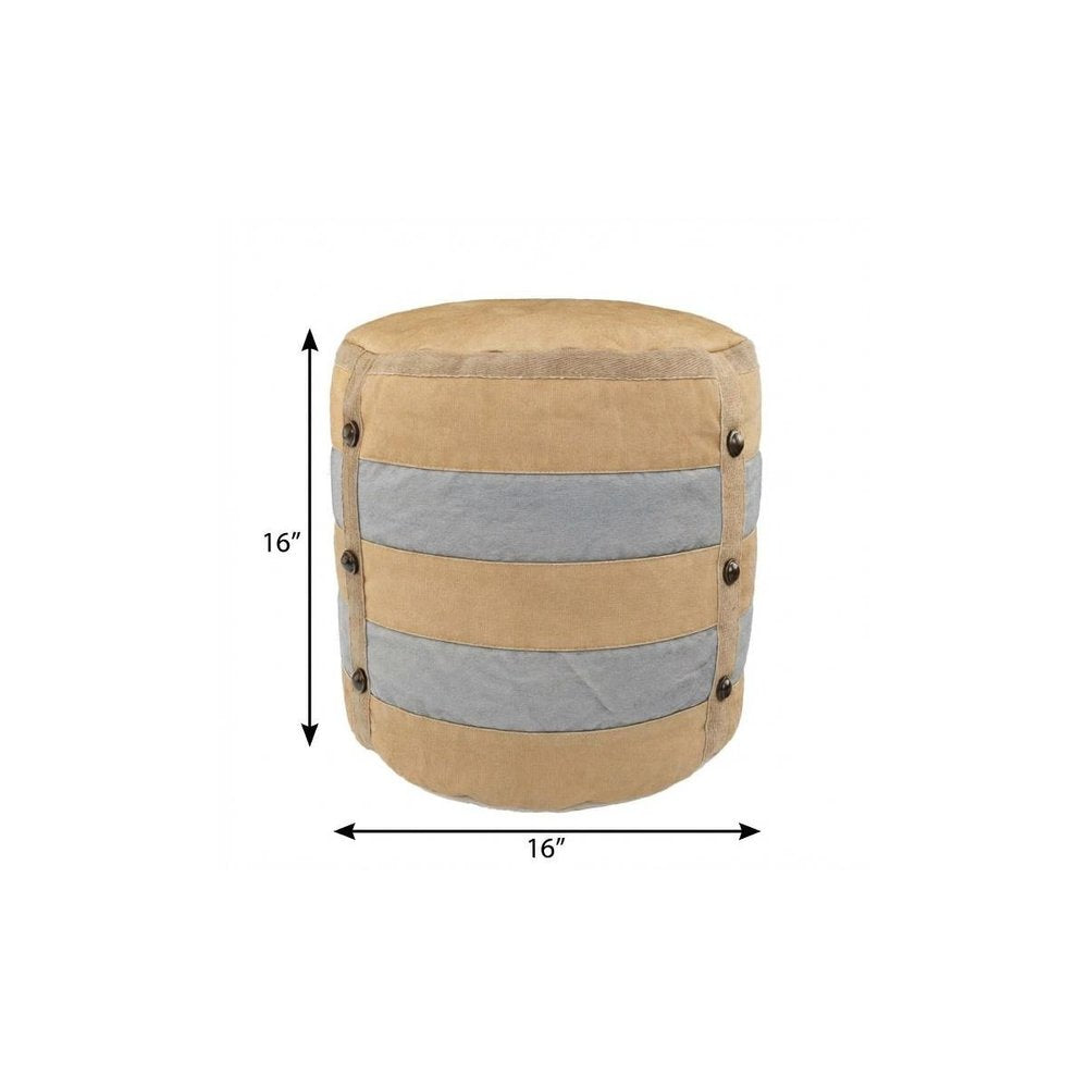 16" Tan Cotton Cylinder Striped Pouf Ottoman