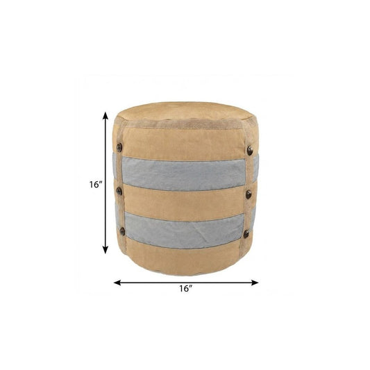 16" Tan Cotton Striped Cylinder Pouf Ottoman