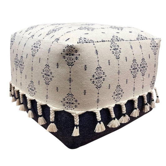18" Natural And Navy Blue Cotton Medallion Pouf Ottoman