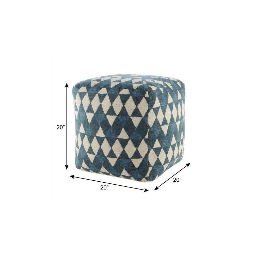 20" Blue Cotton Geometric Pouf Ottoman