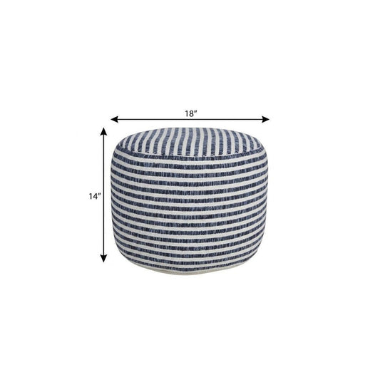 18" Blue and White Cotton Striped Cylinder Pouf Ottoman