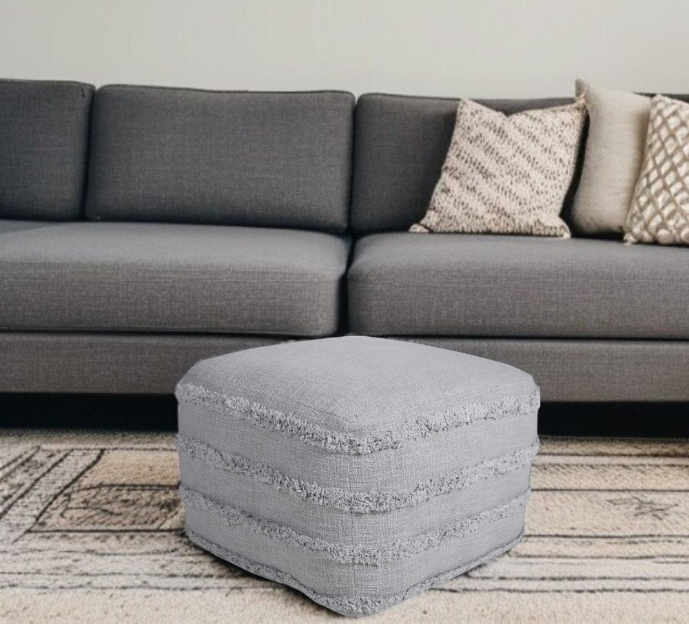 18" Cream Cotton Tufted Cube Striped Pouf Ottoman