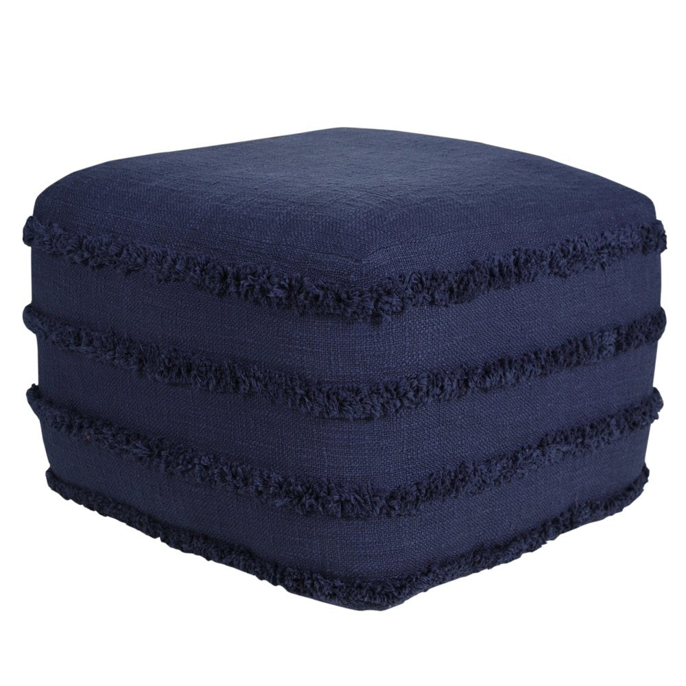 18" Cream Cotton Tufted Cube Striped Pouf Ottoman
