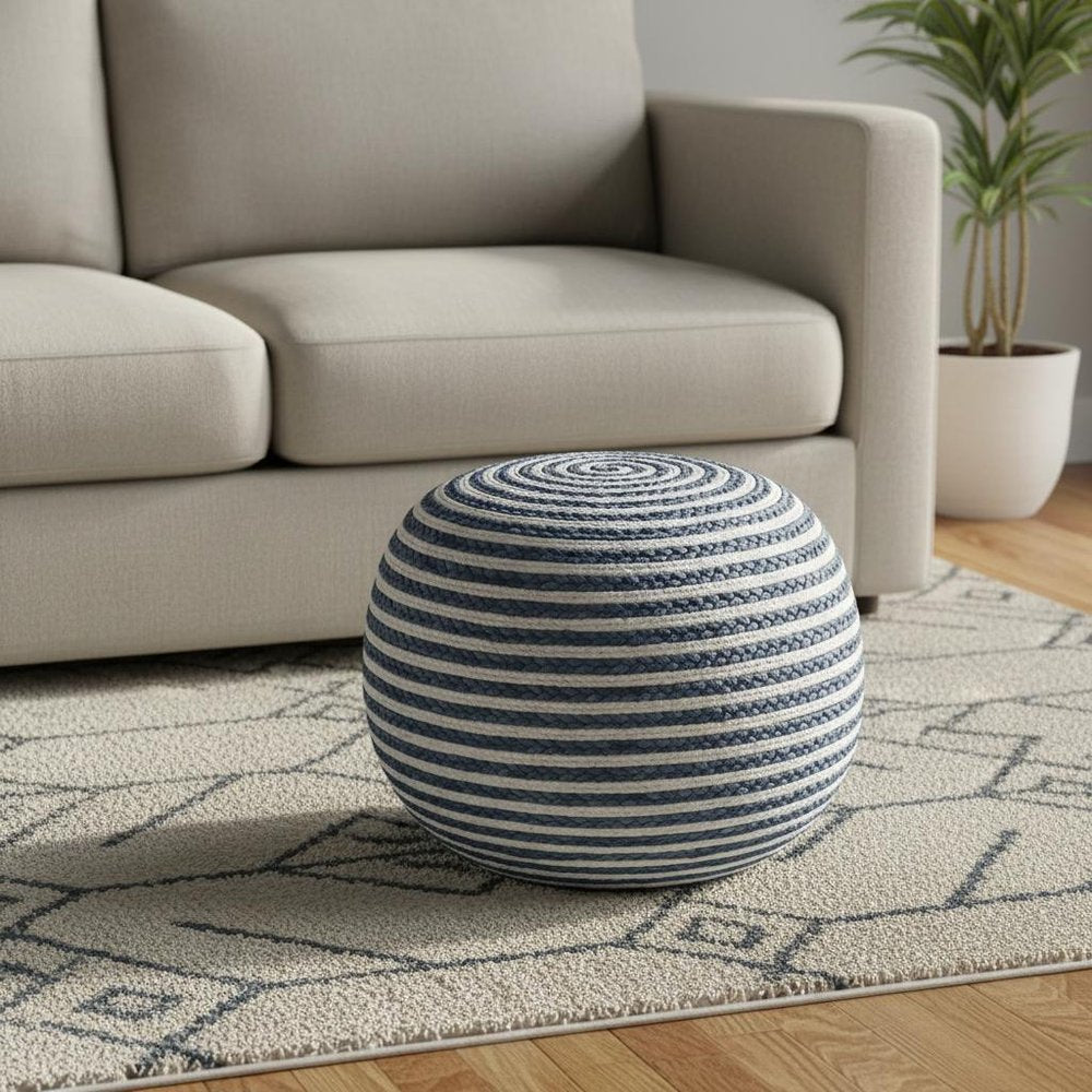 20" White Cotton Blend Round Striped Pouf Ottoman