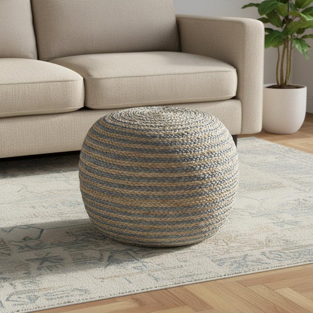 20" White Cotton Blend Round Striped Pouf Ottoman