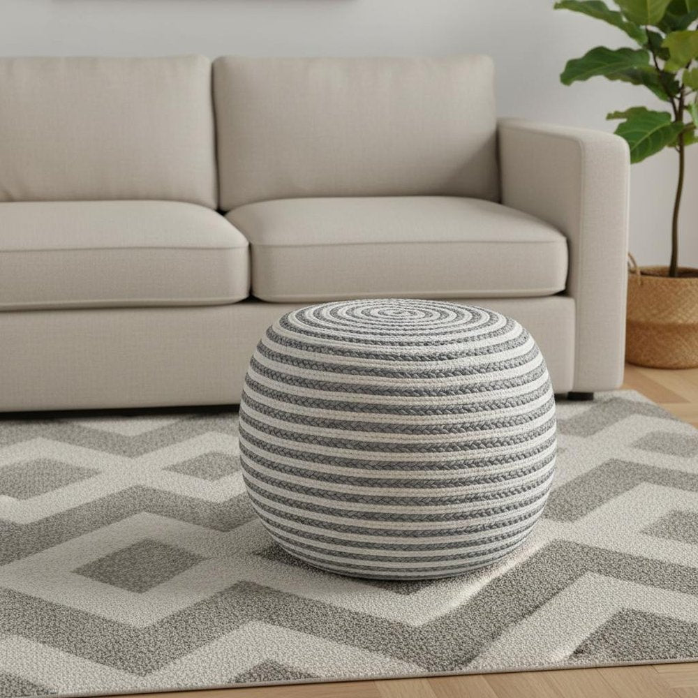 20" White Cotton Blend Round Striped Pouf Ottoman