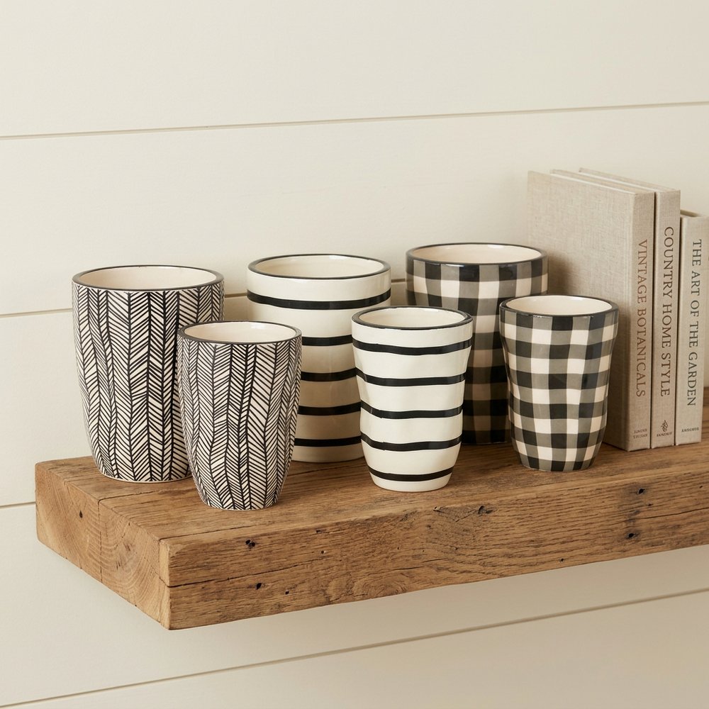 Set of Six Black And Ivory Ceramic 2 Ounce Geometric Round Pot Planters