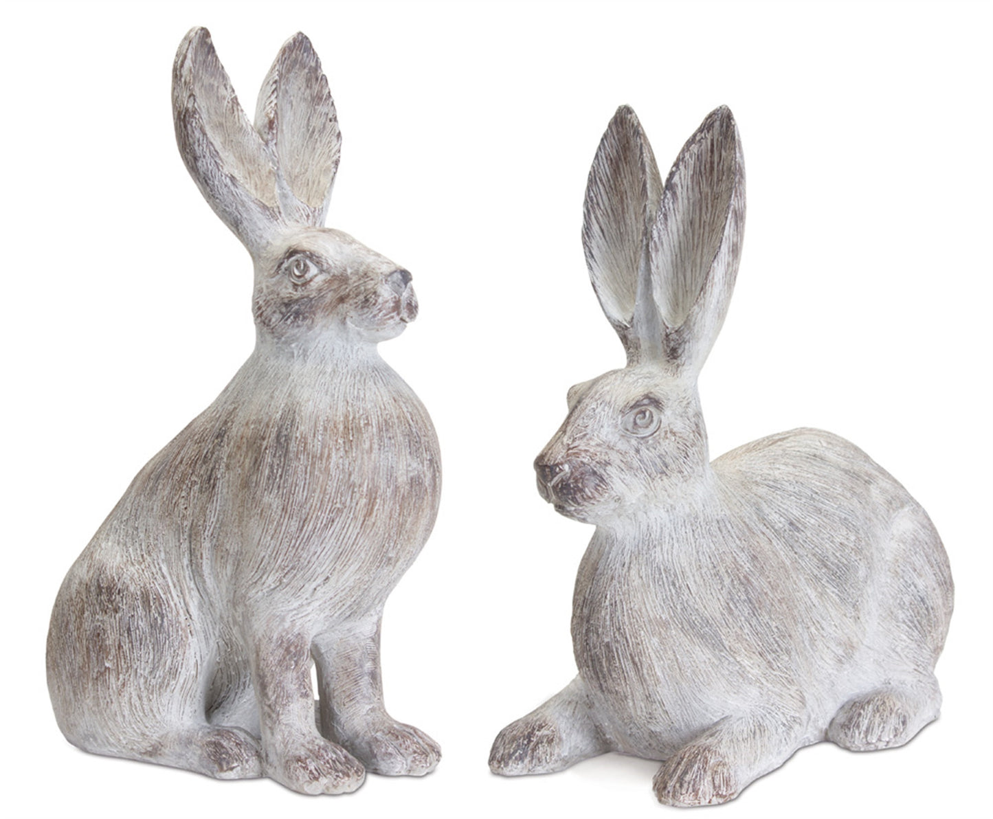 Set of Two 17" White Washed Polyresin Rabbit Tabletop Sculptures