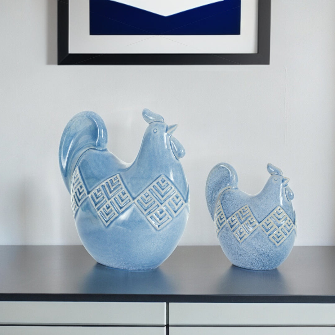 Set of Two Blue Ceramic Chicken Figurines