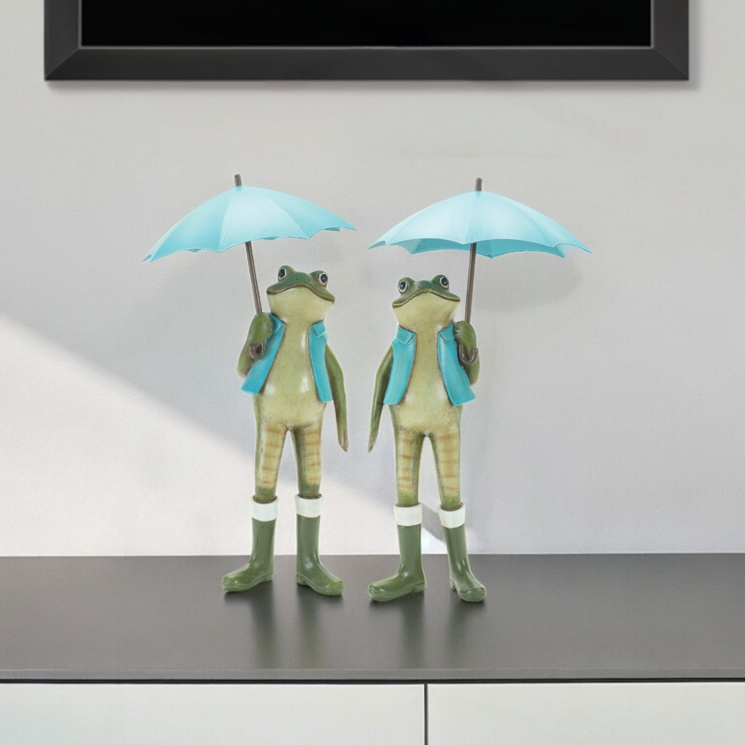 Set of Two 11" Blue And Green Cement Frog Statue Tabletop Sculpture