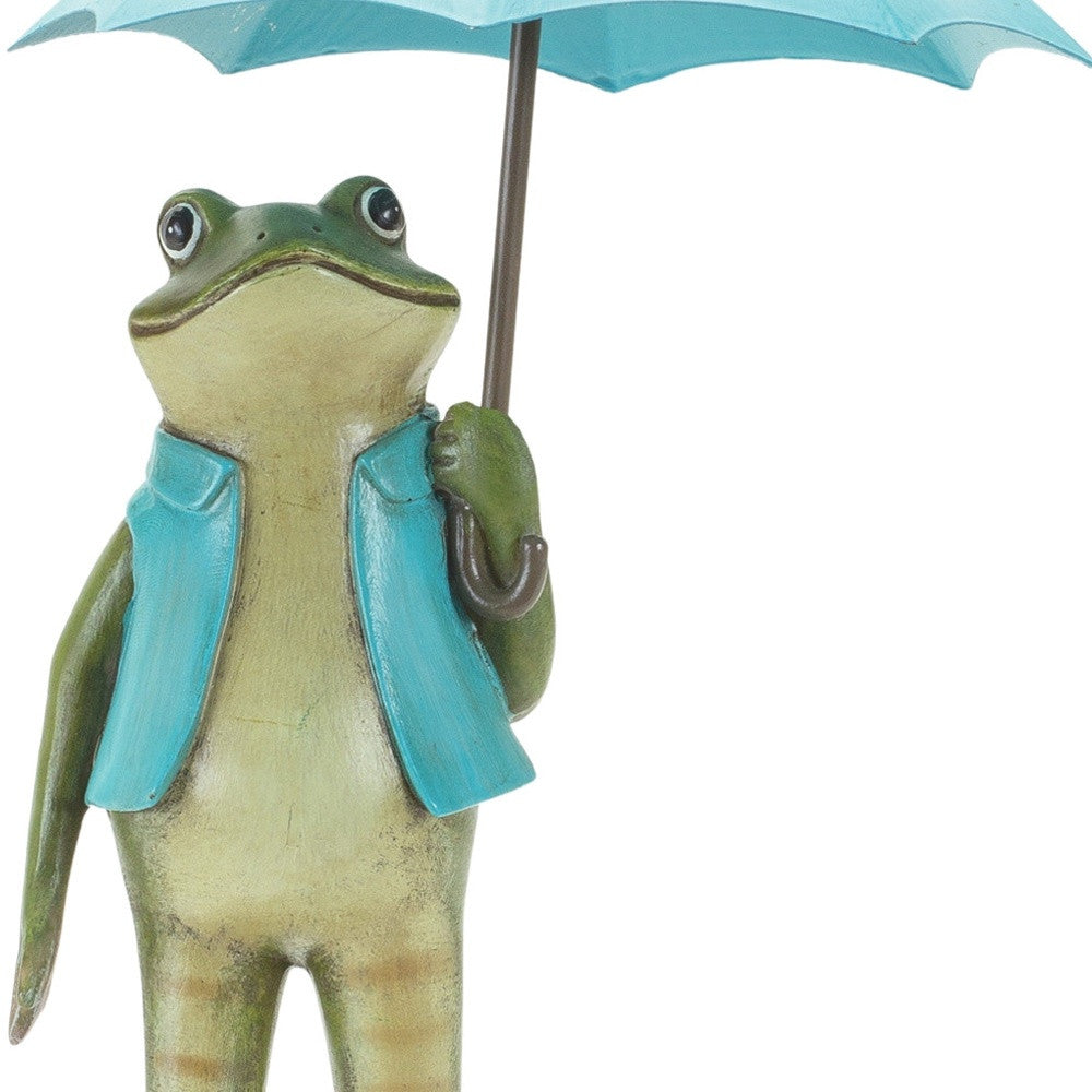 Set of Two 11" Blue And Green Cement Frog Statue Tabletop Sculpture