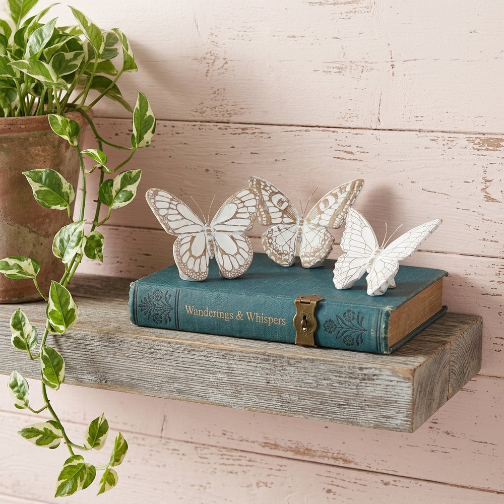 Set of Three 6" Brown And White Polyresin Butterfly Tabletop Sculpture