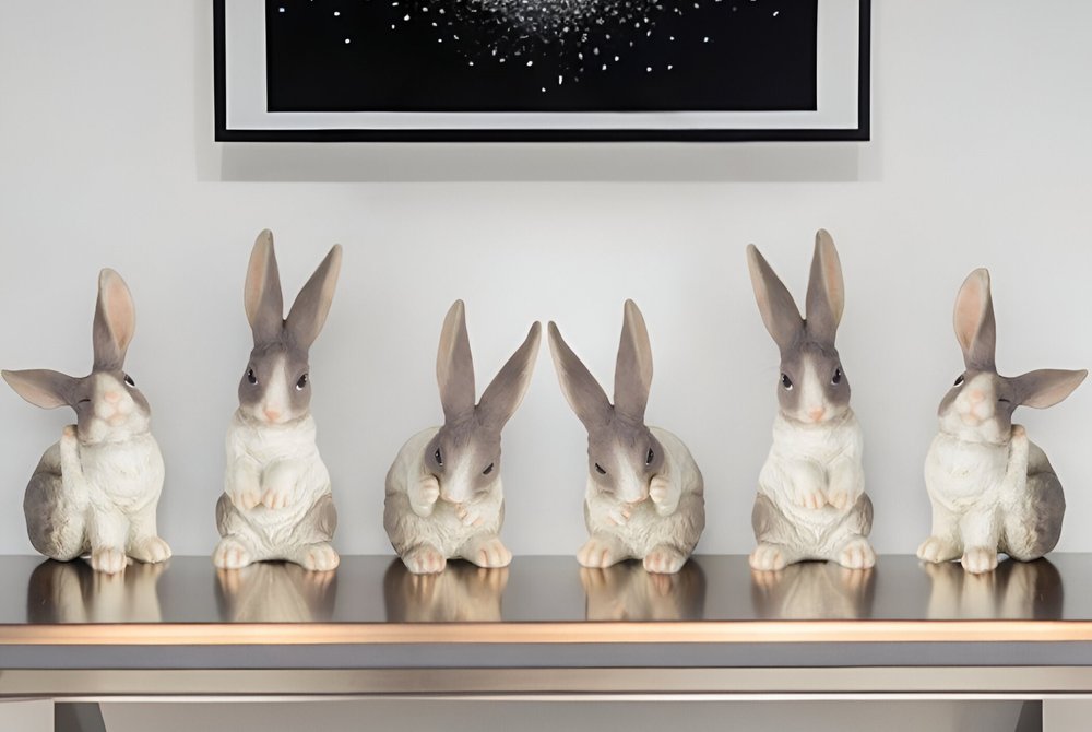 Set Of Six 7" Gray and White Polyresin Rabbit Figurine