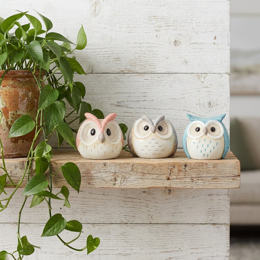 Set of Three 4" Blue And Gray Resin Owl Figurine