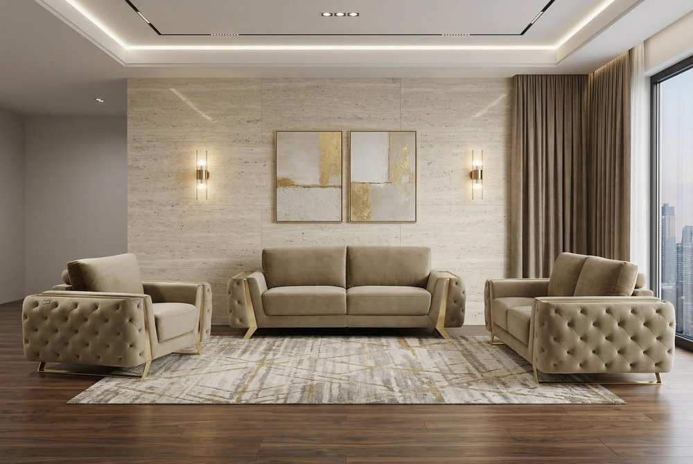 Three Piece Indoor Beige Velvet Six Person Seating Set