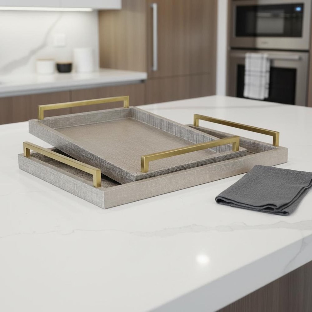 Set of Two Taupe Wood Geometric Handmade Serving Trays With Handles