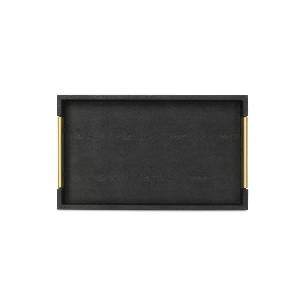 16" Black Wood and Vinyl Faux Shagreen Serving Tray With Gold Handles