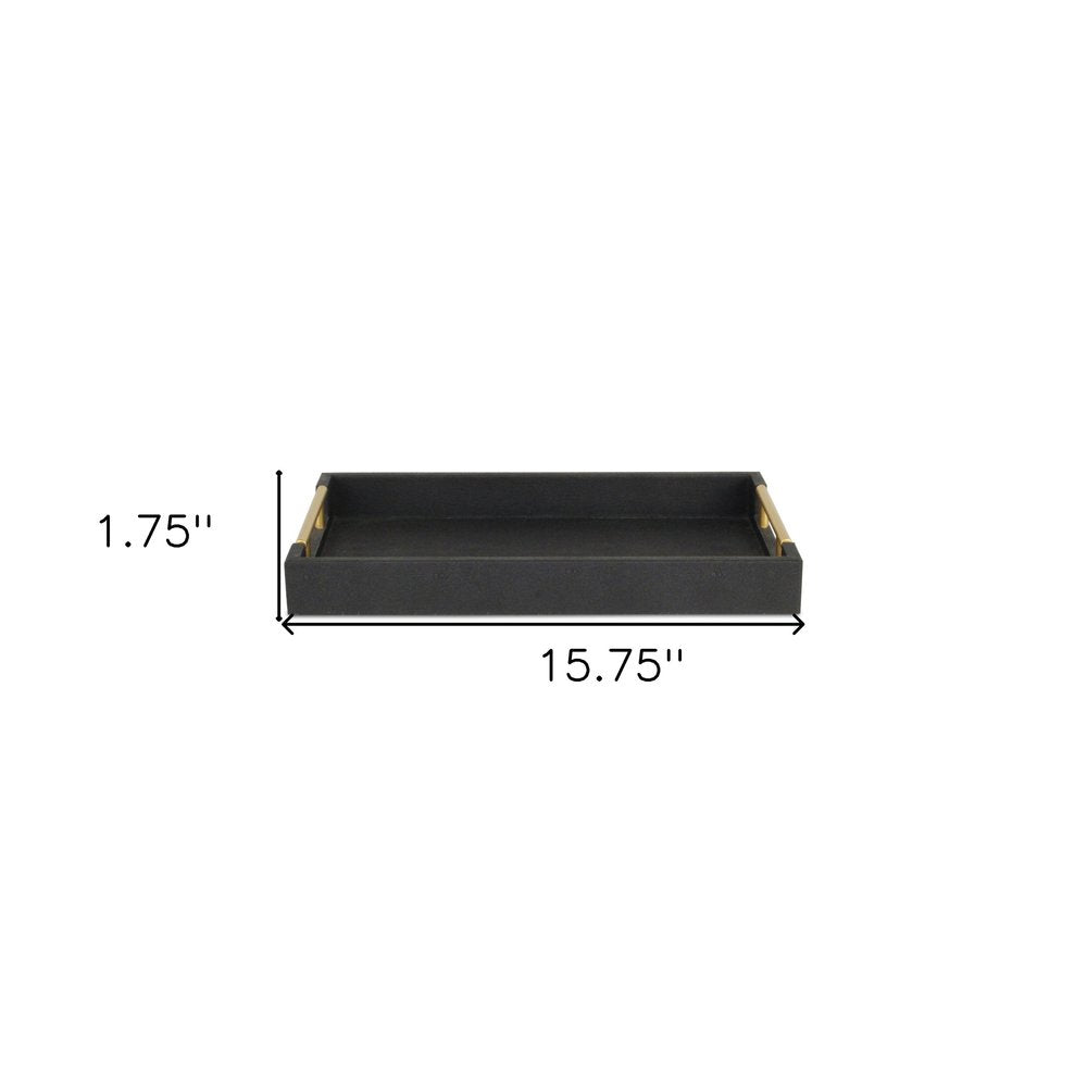 16" Black Wood and Vinyl Faux Shagreen Serving Tray With Gold Handles