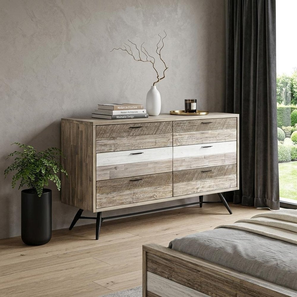 63" Natural And Ivory Solid Wood Six Drawer Double Dresser