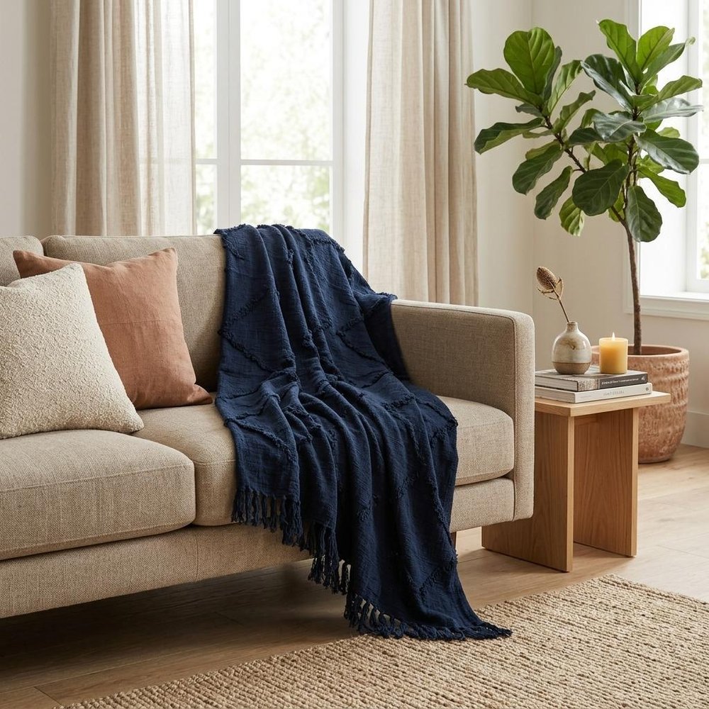 50" X 50" Blue Floral Cotton Woven Throw Blanket with Fringe