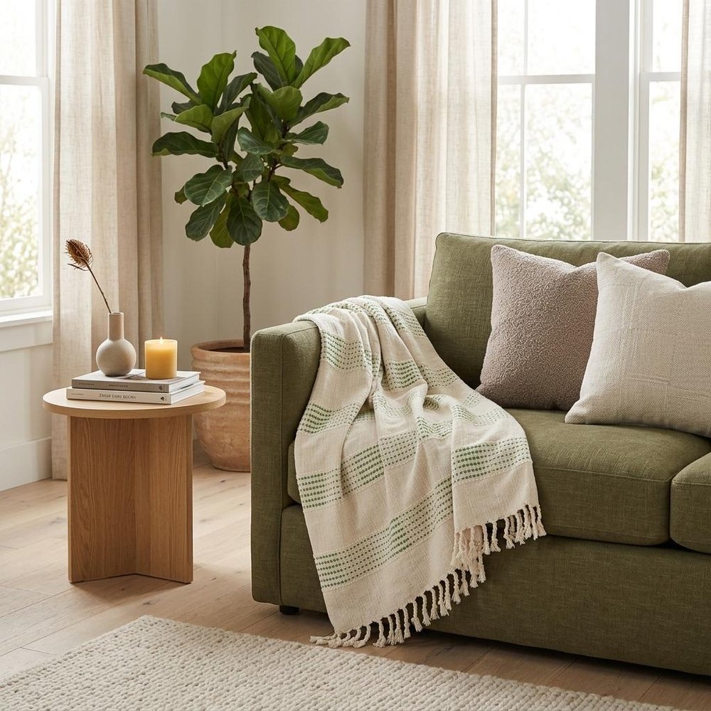 Gray and Green Woven Cotton Throw Blanket with Fringe