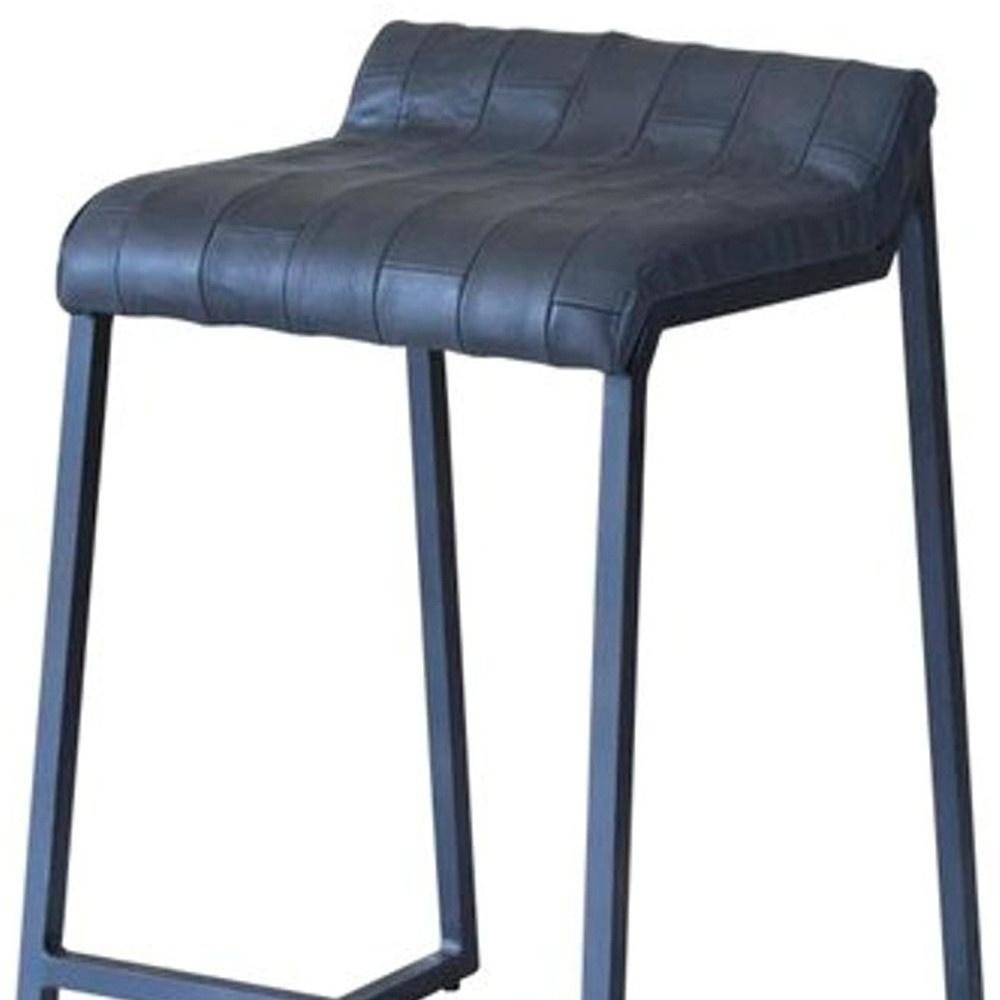 25" Gray Genuine Leather And Iron Low Back Counter Height Bar Chair