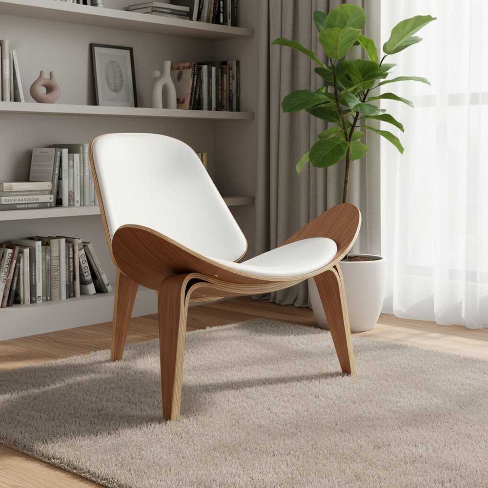 36" White and Brown Genuine Leather Lounge Chair